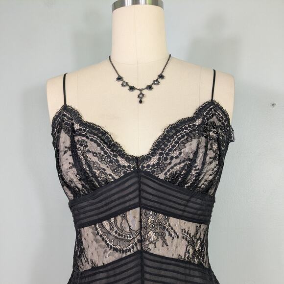 Bcbg Lace Silk Midi Dress 10 Black Tan Y2K Silk Babydoll Illusion Guest Cocktail - Picture 3 of 14